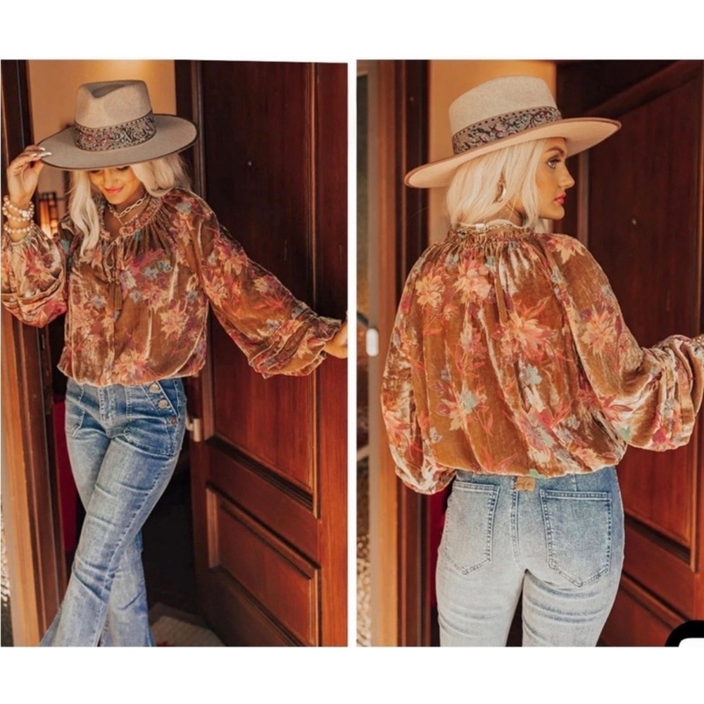 Fate Floral Burnout Velvet Bodysuit L Boho Balloon Sleeve Tassel Tie